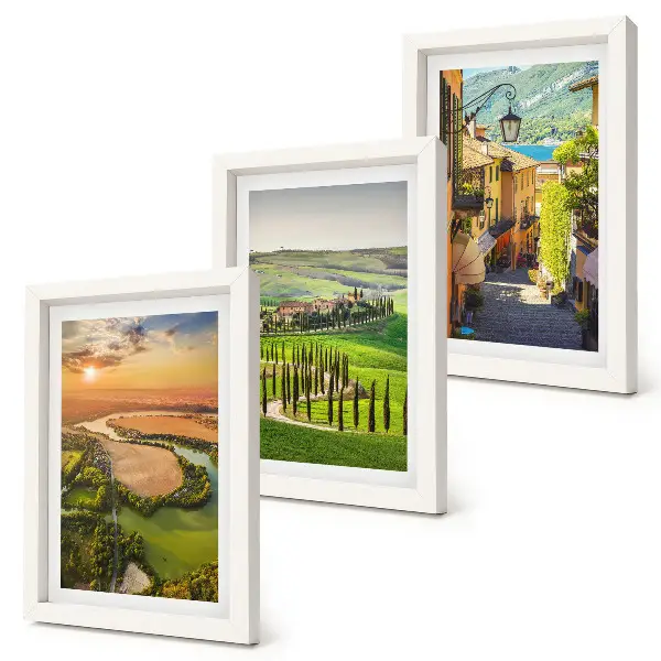 3-piece wall art set featuring Italian landscapes with a river, hills and a city street