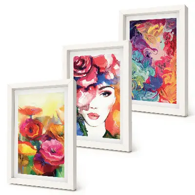 Flowers in intense colors and portrait of a woman abstract art framed triptych