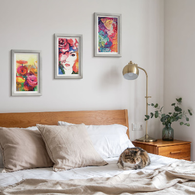 Framed triptych Flowers in intense colors, portrait of a woman, abstract