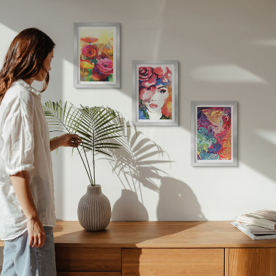 Framed triptych Flowers in intense colors, portrait of a woman, abstract