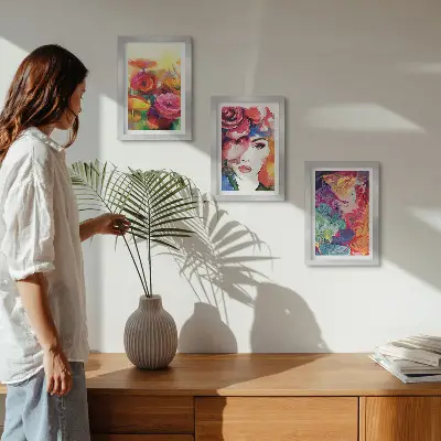 Flowers in intense colors and portrait of a woman abstract art framed triptych