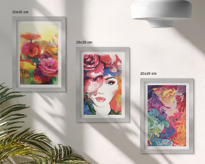 Framed triptych Flowers in intense colors, portrait of a woman, abstract