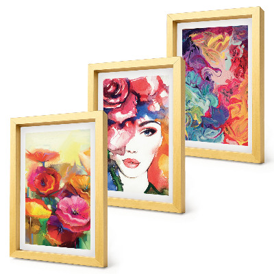 Framed triptych Flowers in intense colors, portrait of a woman, abstract