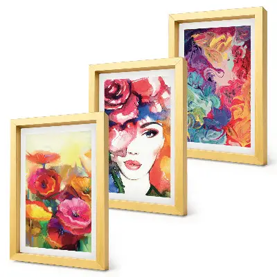 Flowers in intense colors and portrait of a woman abstract art framed triptych