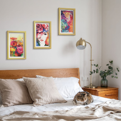 Framed triptych Flowers in intense colors, portrait of a woman, abstract