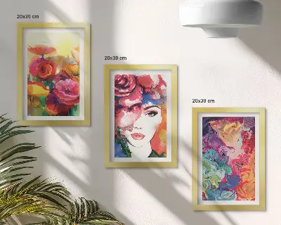 Flowers in intense colors and portrait of a woman abstract art framed triptych