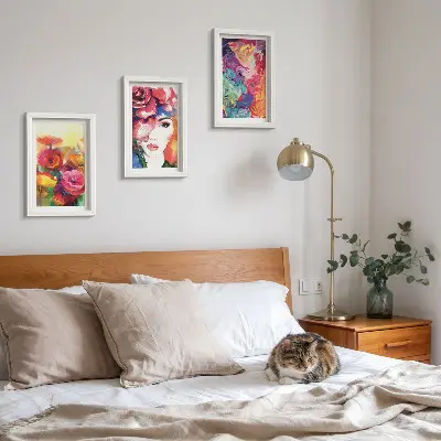 Flowers in intense colors and portrait of a woman abstract art framed triptych