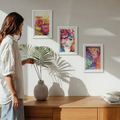 Flowers in intense colors and portrait of a woman abstract art framed triptych