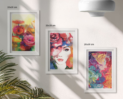 Framed triptych Flowers in intense colors, portrait of a woman, abstract