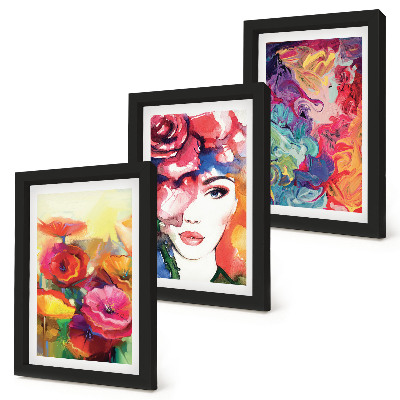 Framed triptych Flowers in intense colors, portrait of a woman, abstract