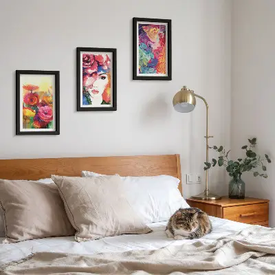Flowers in intense colors and portrait of a woman abstract art framed triptych