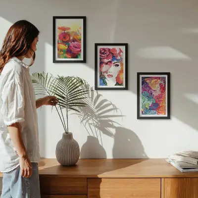 Flowers in intense colors and portrait of a woman abstract art framed triptych