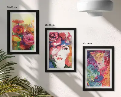 Flowers in intense colors and portrait of a woman abstract art framed triptych