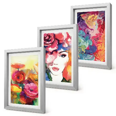 Flowers in intense colors and portrait of a woman abstract art framed triptych