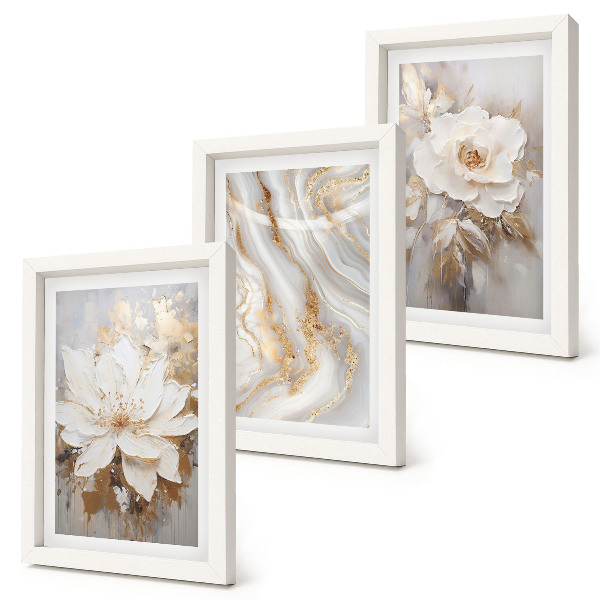 3-piece wall art set Flowers and abstract marble pattern