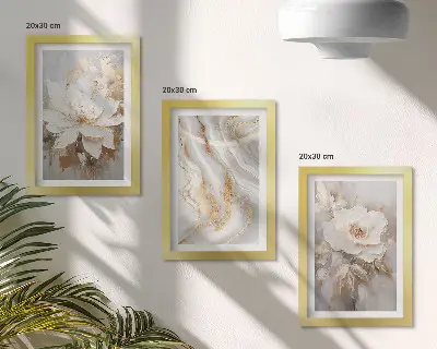 3-piece wall art set with flowers and abstract marble pattern