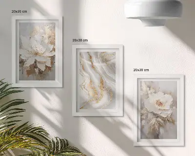 3-piece wall art set with flowers and abstract marble pattern
