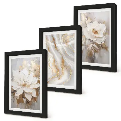 3-piece wall art set with flowers and abstract marble pattern
