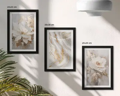 3-piece wall art set with flowers and abstract marble pattern