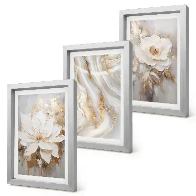3-piece wall art set with flowers and abstract marble pattern