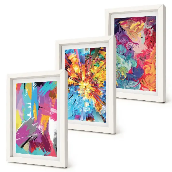 Colorful abstract painting triptych with dynamic patterns in a framed set
