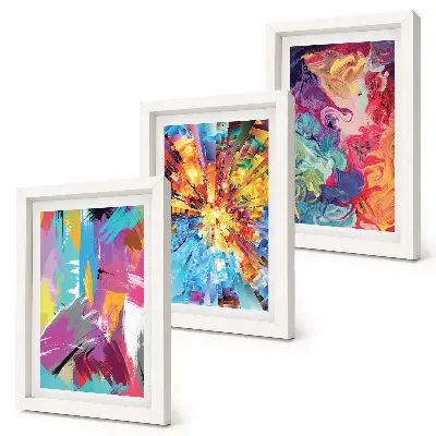 Colorful abstract painting triptych with dynamic patterns in a framed set
