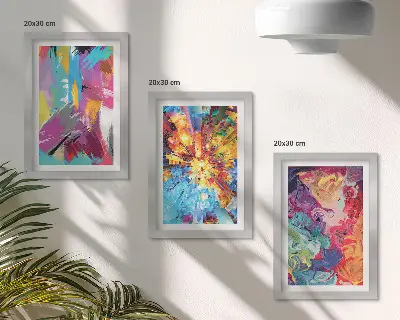 Colorful abstract painting triptych with dynamic patterns in a framed set