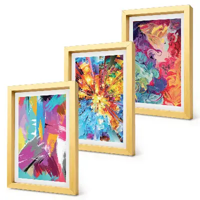 Colorful abstract painting triptych with dynamic patterns in a framed set