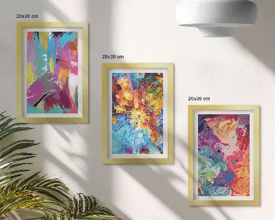 Colorful abstract painting triptych with dynamic patterns in a framed set