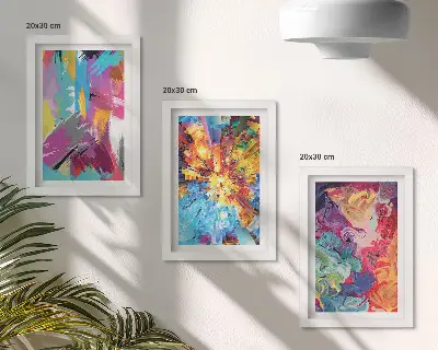 Colorful abstract painting triptych with dynamic patterns in a framed set