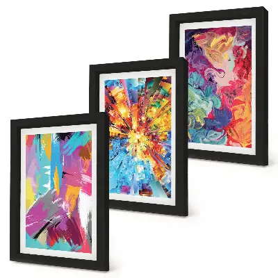 Colorful abstract painting triptych with dynamic patterns in a framed set