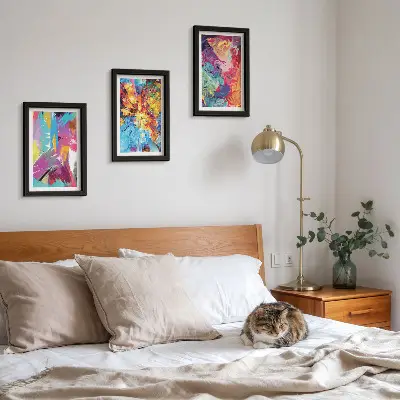 Colorful abstract painting triptych with dynamic patterns in a framed set