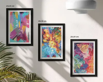 Colorful abstract painting triptych with dynamic patterns in a framed set