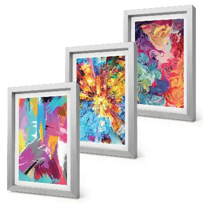 Colorful abstract painting triptych with dynamic patterns in a framed set