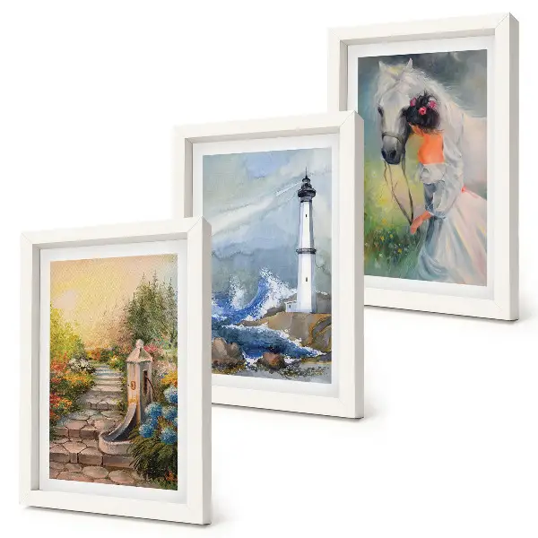 Nature sceneries lighthouse and girl with horse triptych wall art in a framed three-piece set