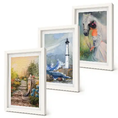 Nature sceneries lighthouse and girl with horse triptych wall art in a framed three-piece set