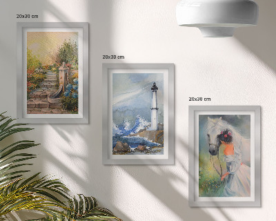 Framed triptych Nature sceneries lighthouse and girl with horse