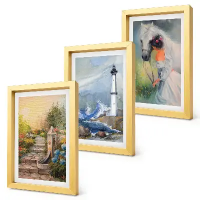 Nature sceneries lighthouse and girl with horse triptych wall art in a framed three-piece set
