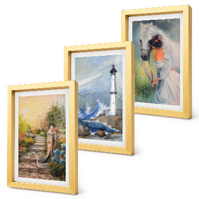 Framed triptych Nature sceneries lighthouse and girl with horse