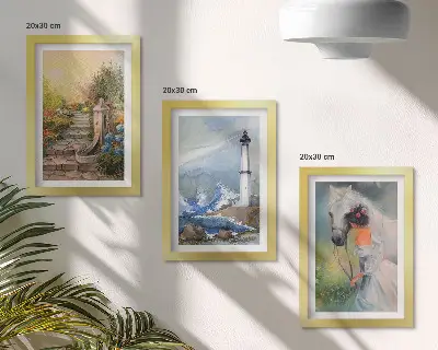 Nature sceneries lighthouse and girl with horse triptych wall art in a framed three-piece set
