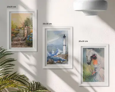 Nature sceneries lighthouse and girl with horse triptych wall art in a framed three-piece set