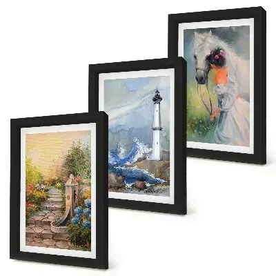 Nature sceneries lighthouse and girl with horse triptych wall art in a framed three-piece set