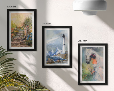 Framed triptych Nature sceneries lighthouse and girl with horse