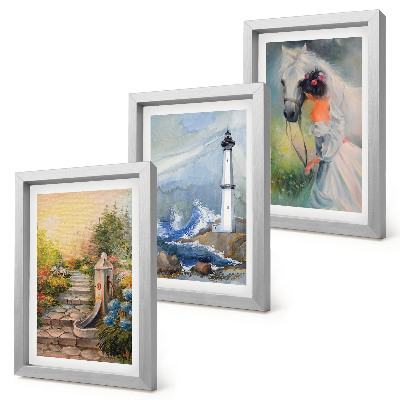 Framed triptych Nature sceneries lighthouse and girl with horse