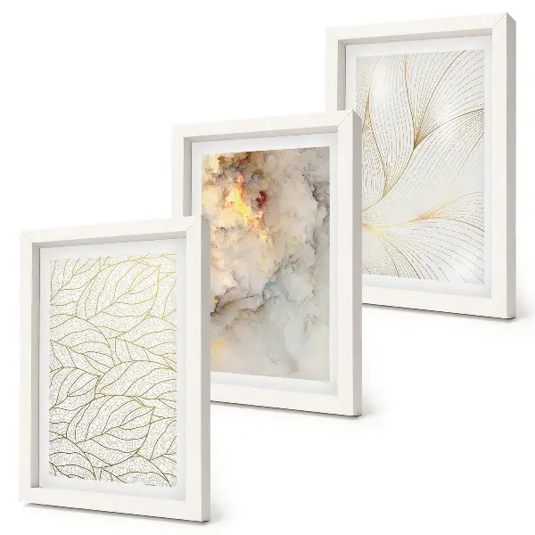 Linear leaf pattern abstract marble triptych framed