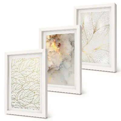 Linear leaf pattern abstract marble triptych framed