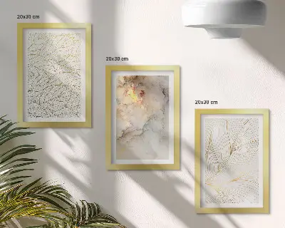 Linear leaf pattern abstract marble triptych framed