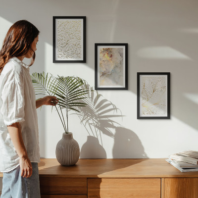 Framed triptych Linear leaf patterns abstract marble