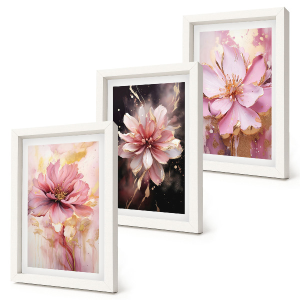 Framed triptych Floral compositions in shades of pink and white