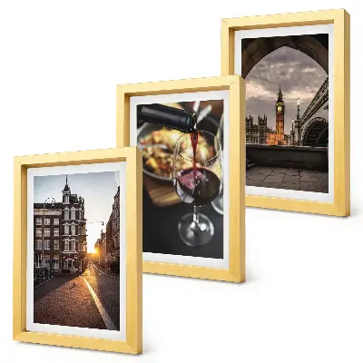 Photo frame wall A set of pictures with a city, food, and a view of London